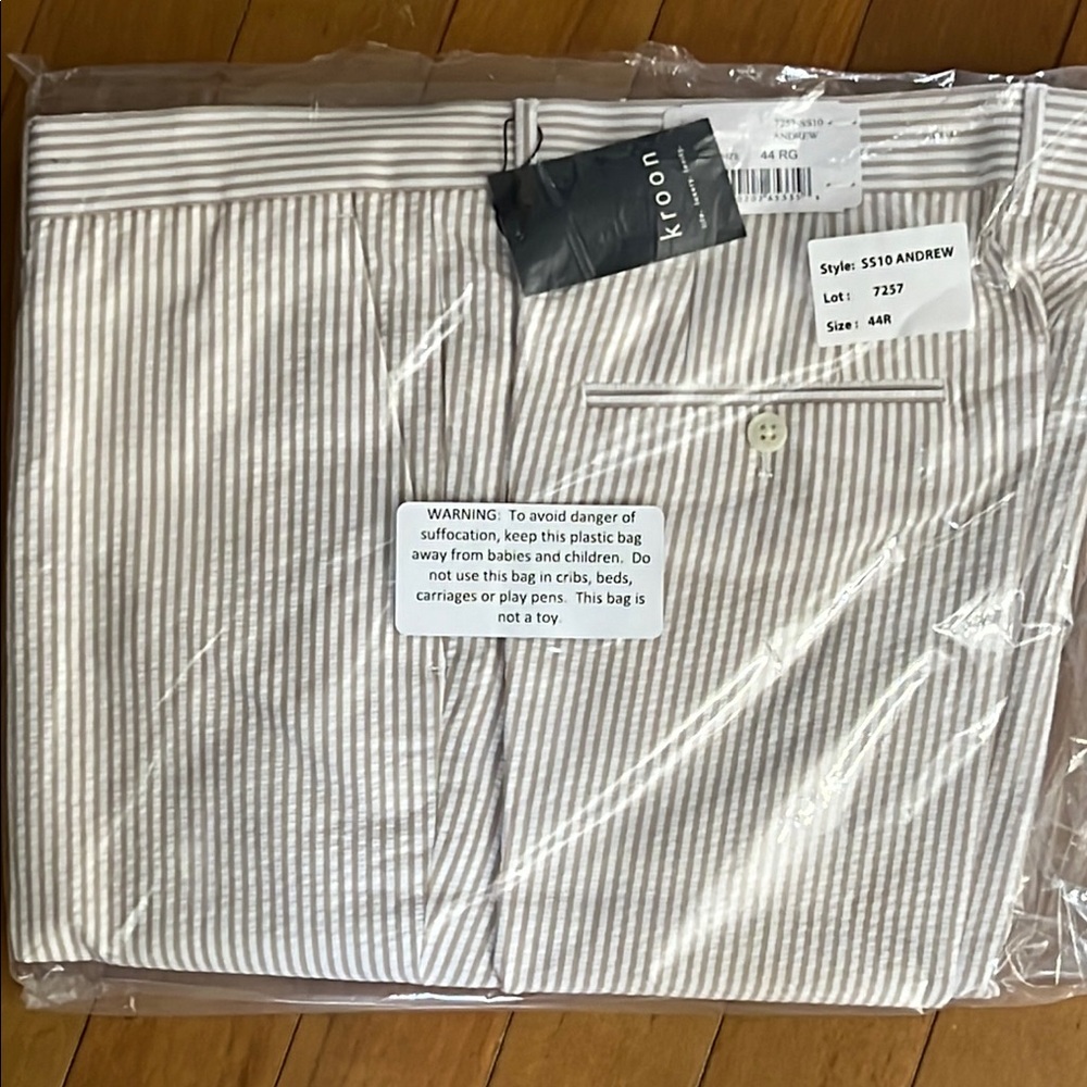 Kroon Andrew AIM Seersucker Pants – Tan/White, 100% Cotton, Size 44R, Flat Front